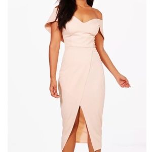 Boohoo Off Shoulder Wrap Skirt Midi Dress Size 4 Blush NWT